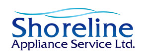Shoreline Appliance Service logo, blue on white with thin wavy aqua lines above name